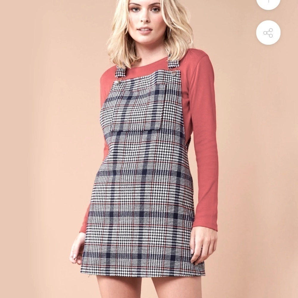 MINKPINK Wool New School overall Plaid Pinnie Dress in Grey women size L - Picture 1 of 8